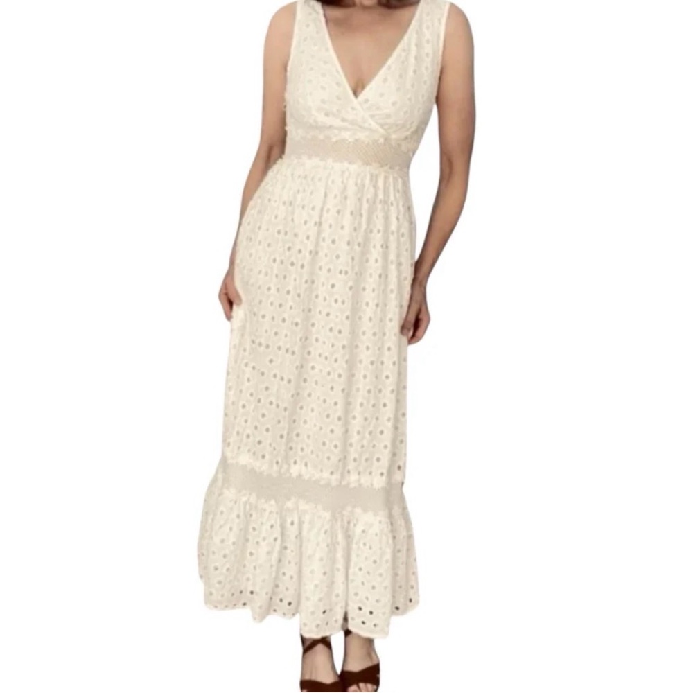 Anthropologie Leifnotes Off White Sleeveless Cotton Eyelet Boho Maxi Dress 6